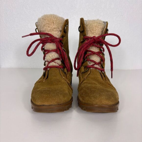 Sorel Tan Suede Sherpa Tongue Red Lace Up Mid Calf Combat Boots Women's Size 8 - Picture 4 of 11